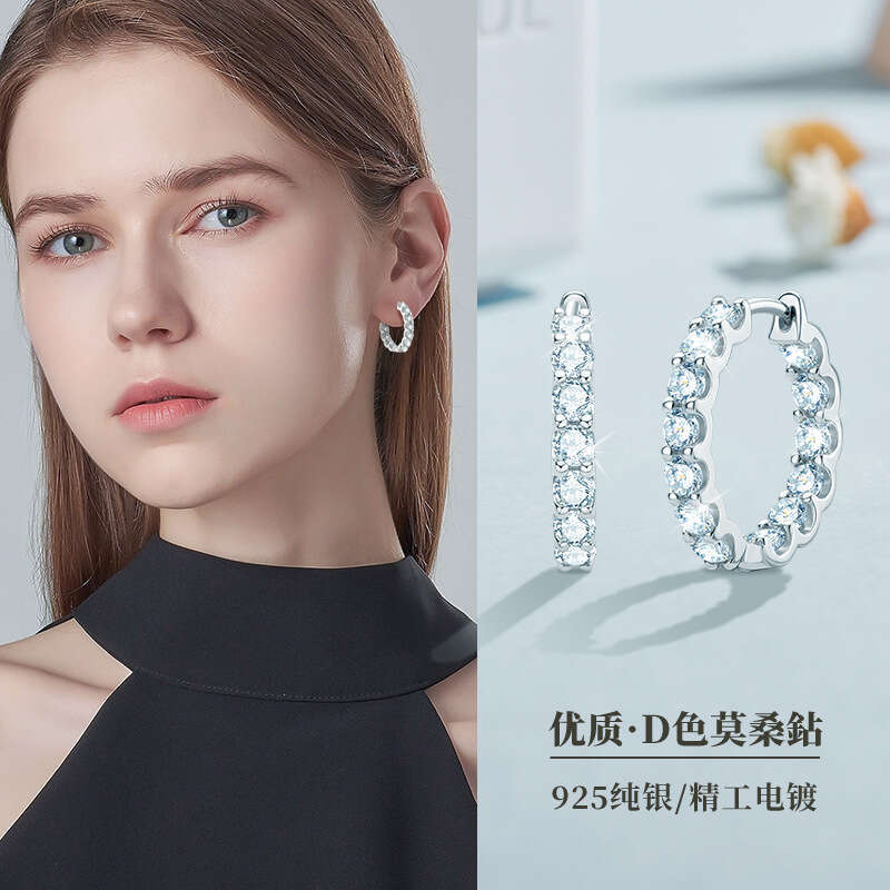 TikTok Same Style Moissanite Hoop for Women Internet Celebrity Design Sense Niche Pure Sier Earrings
