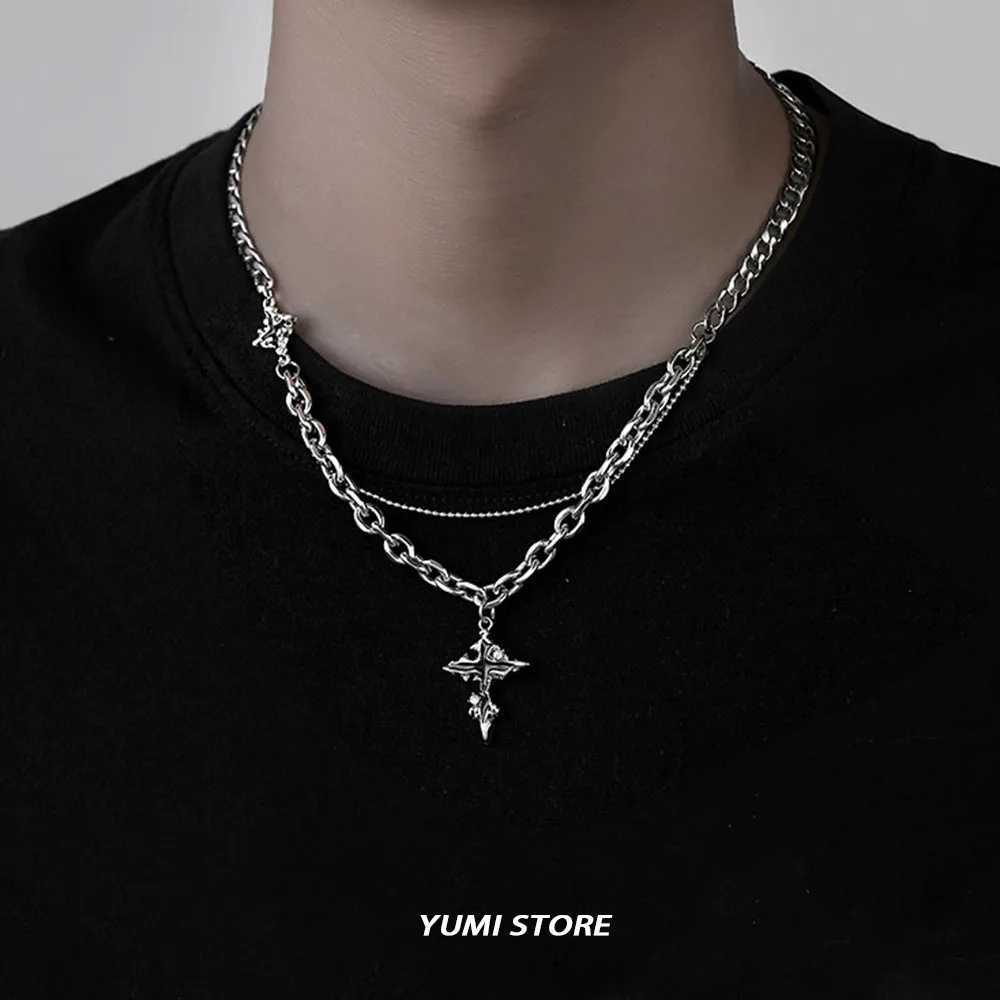 Punk Black Flame Cross Necklace For Men Wen Trend Titanium Steel Chain Sweater Pendant Hip Hop Jewelry Cool Kpop Accessories W250718