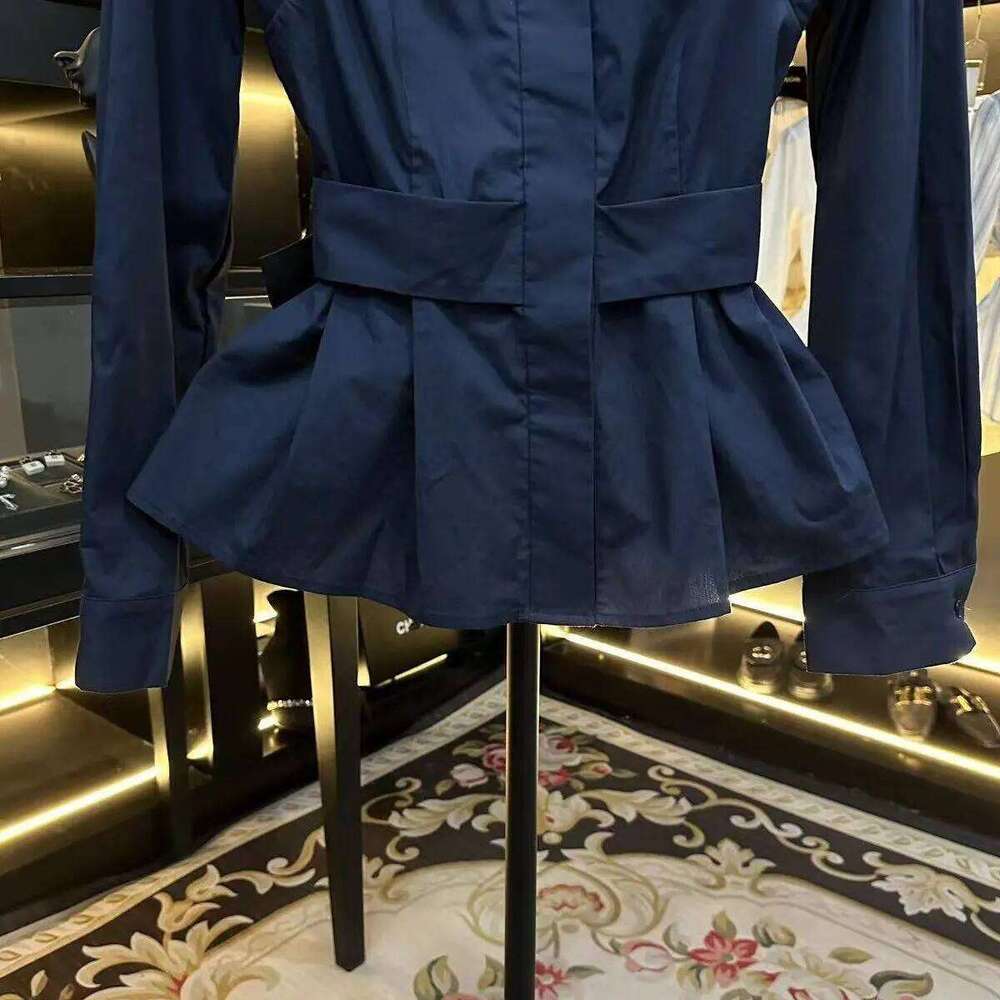 French Design Splicing Pleated Lapel Blue Shirt for Women Autumn New Waist Femmale Top Long Sleeves Blouses