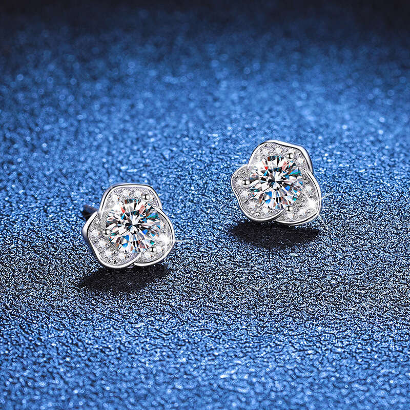 S Pure Sier for Women, Light Korean Style Camellia Earrings, D Color 1 Carat Moissanite Earrings 951