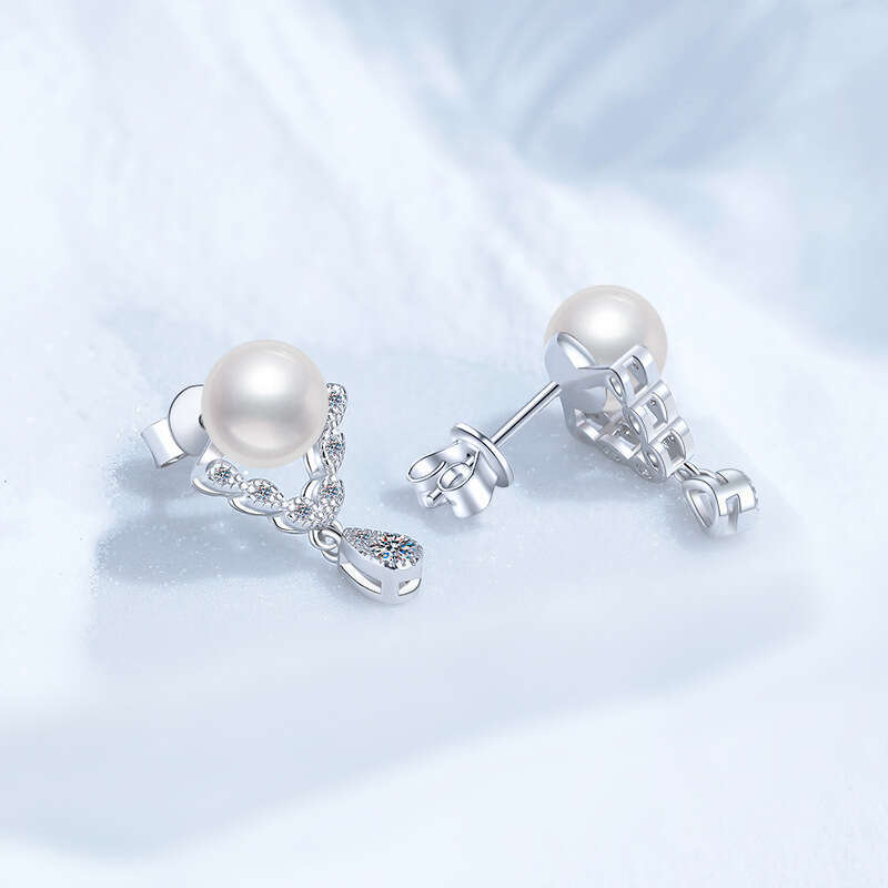 Moissanite S Sterling Sier Natural Freshwater Pearl V-Shaped Elegant High-End Earrings for Women 68f