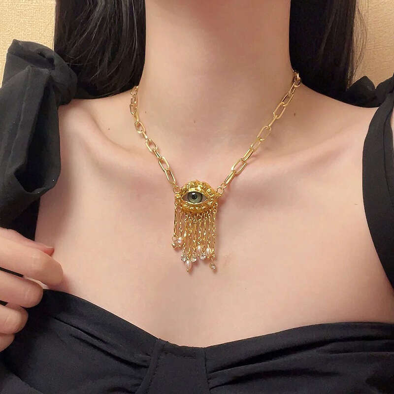 Vintage Personality Demon Eye Pearl Tassel Light High-end Sense Earrings Ring Necklace Set Accessories for Women