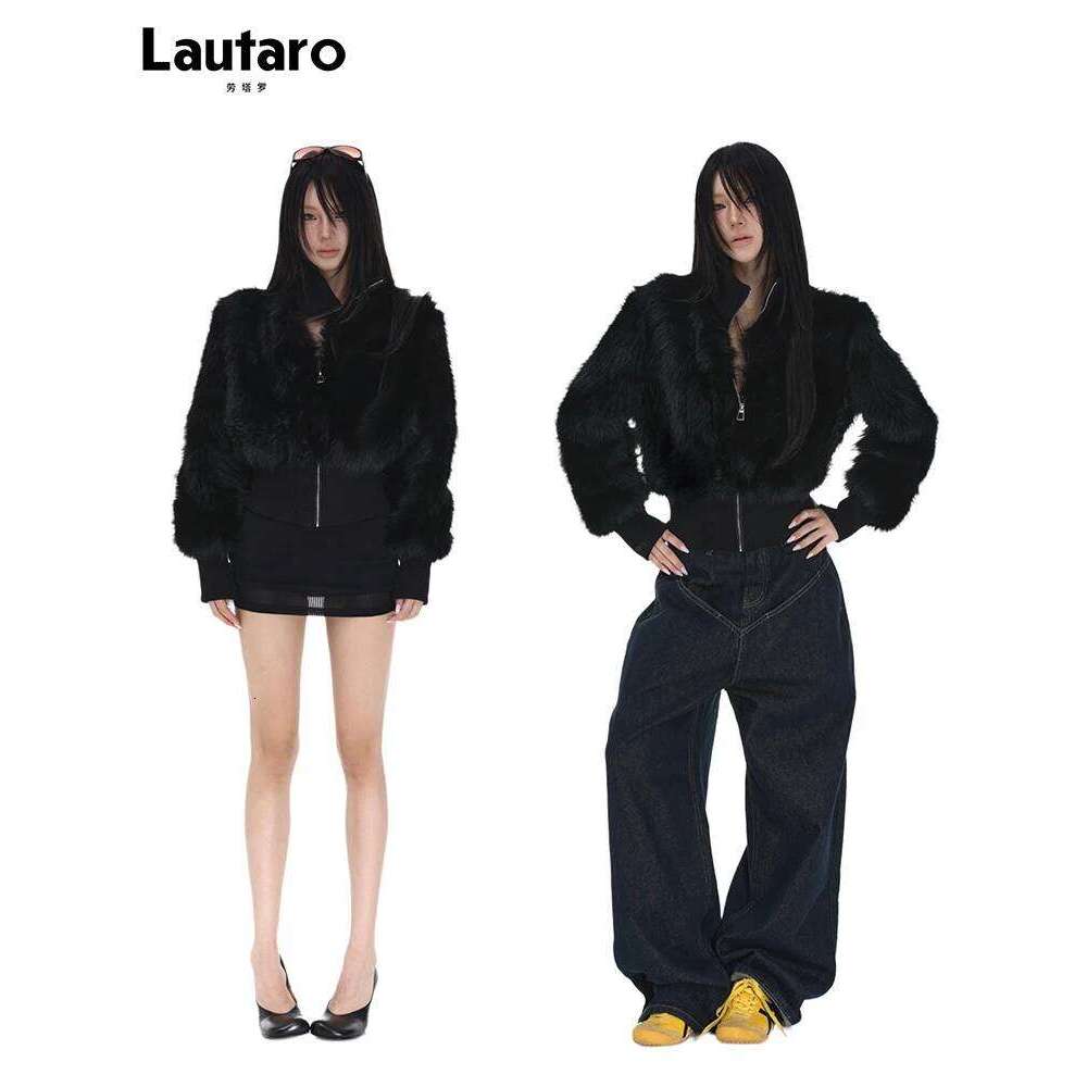 Lautaro Spring Winter Short Black Soft Thick Warm Hairy Faux Fur Coat Women Zip Up Designer Clothes Fluffy Jacket 2025 MDNG