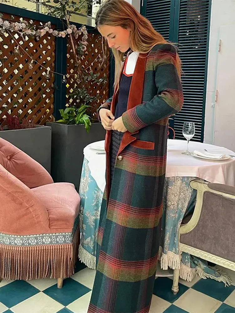 Plaid Velvet Collar Woolen Coat Retro Grid Patchwork Trench Overcoat Straight Tube Contrast Color Women Cardigan Outwear Spring 250715