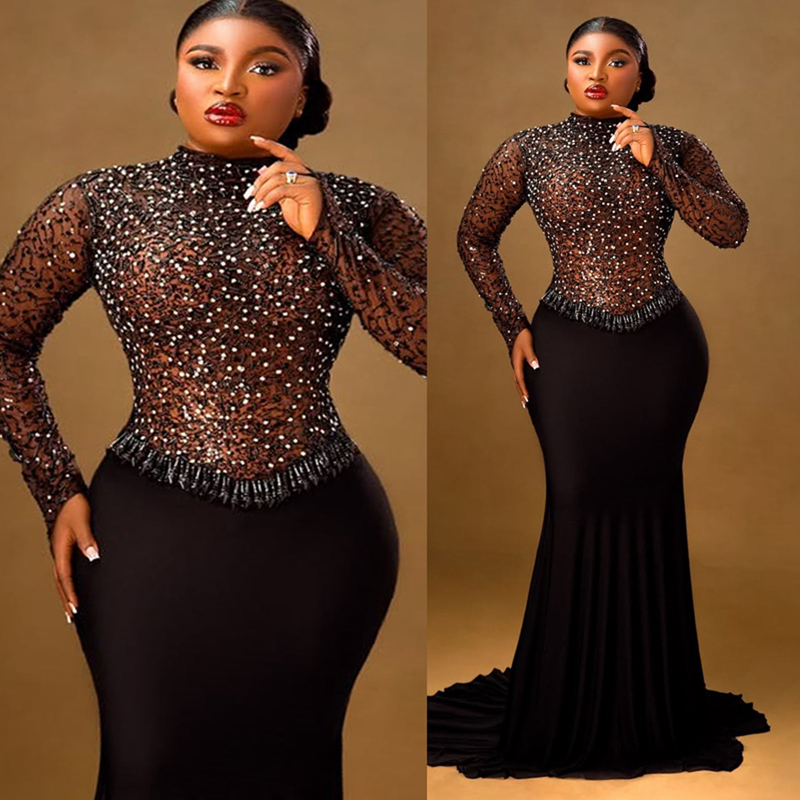 2025 Plus Size Black Aso Ebi Prom Dress Mermaid Prom Dresess Evening Formal Gowns High Neck Long Sleeves Lace Birthday Second Reception Gown For Black