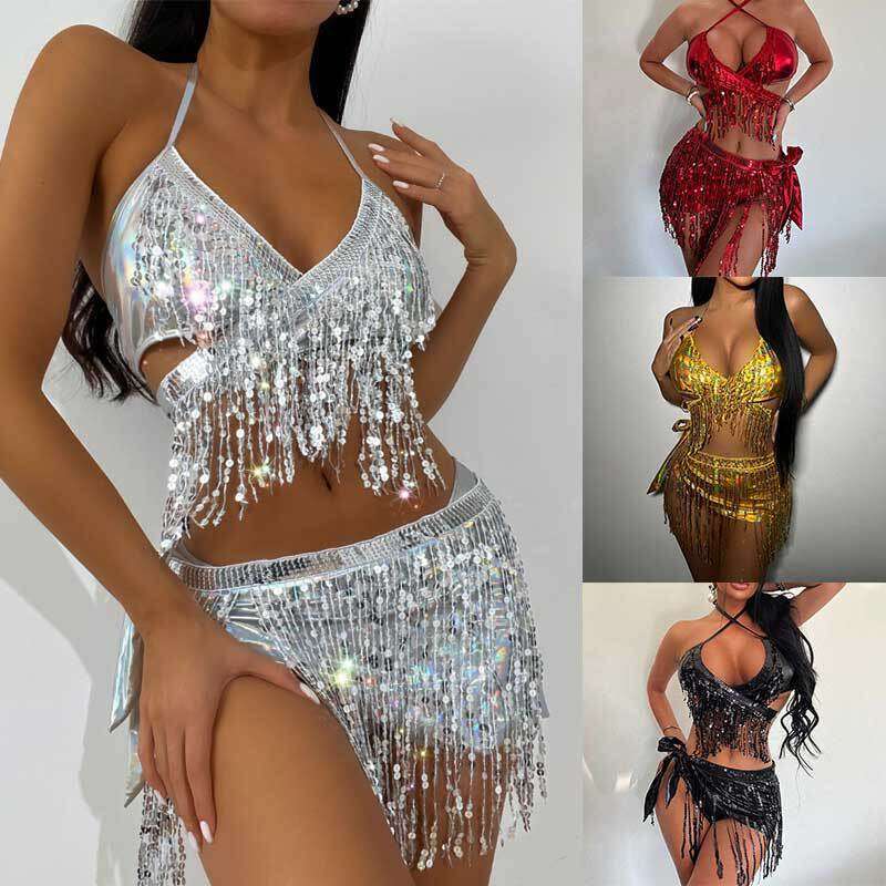 Electric Music Festival Two-Piece Swimsuit Three-Piece Set Glitter Fabric Sexy Tassel Bikini Women New Elegant Unique Fashion