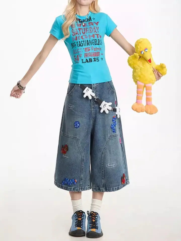 Summer Vintage Washed Style Embroidered Street Y2K Bermuda Jeans Knee Length Denim Jorts Casual Shorts Cropped Trousers 250717