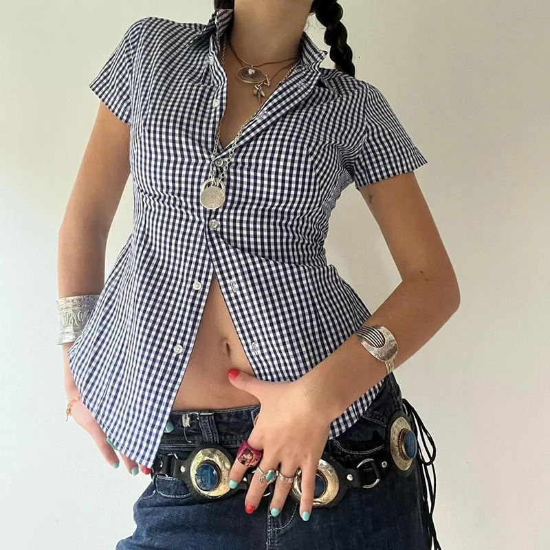 Darlingaga Vintage Fashion Plaid Shirt Women Cropped Top ButtonsUp Cardigan Y2K Korean Style Casual Summer Blouse Short Sleeve 250717