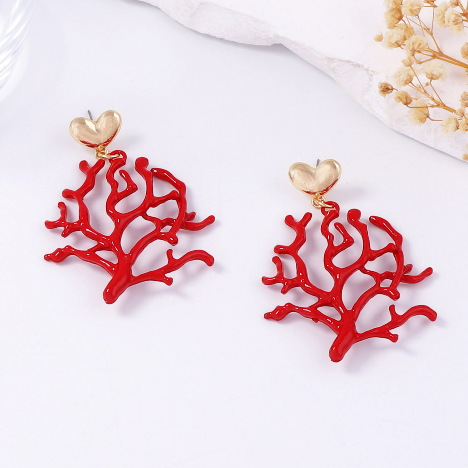 Beach Large Coral Shape Drop Earring Statement Red Resin Ocean Inspired Drop Dangle Jewelry for Women Lady wedding dress boho style