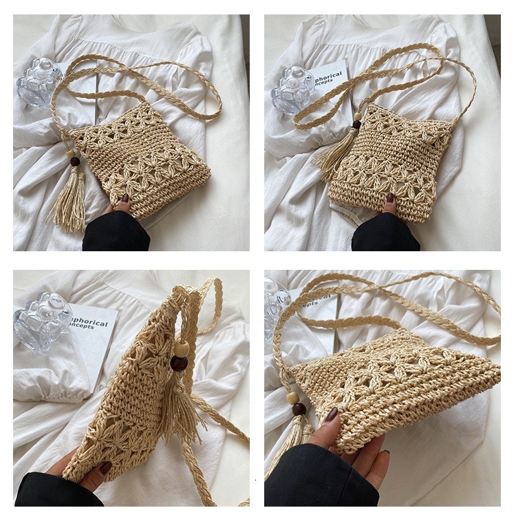 2025 Summer new women's shoulder crossbody bag tassel phone bag hollowed out tassel handmade woven bag grass bag beach shoulder bag new designer 
