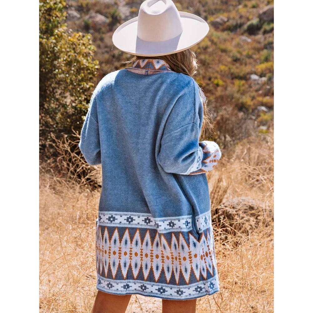 Designer Clothing Gypsylady Geometry Vintage Knitted Sweater Cardigan Blue Open Front Autumn Spring Women Ethnic Boho Ladies Long Jumper Sweaters Fash
