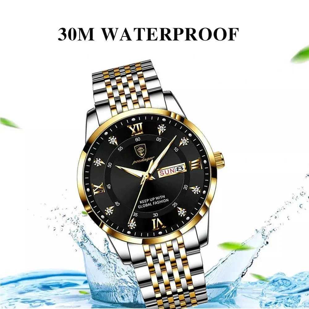 POEDAGAR Men Watches Stainless Steel Push Button Hidden Clasp Week Date Waterproof Luminous Top Brand Luxury Quartz Wristwatch W250718