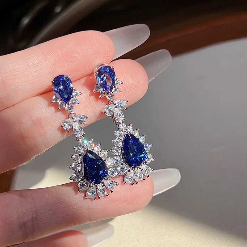 8-Color Pear Blue Cubic Zirconia Hanging Earrings Silver Color Luxury Earrings for Women Wedding Party Aesthetic Ear Jewelry New XJ250718