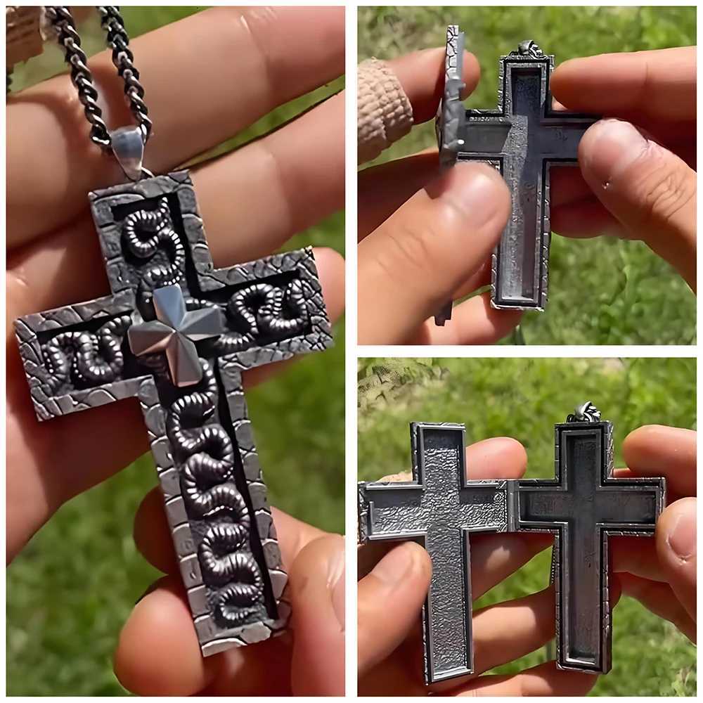 With Secret Compartment Cross Pendant Necklace Openable Locket Neck Chain Choker Vintage 3D Printed Charm Jewelry for Women Men W250718