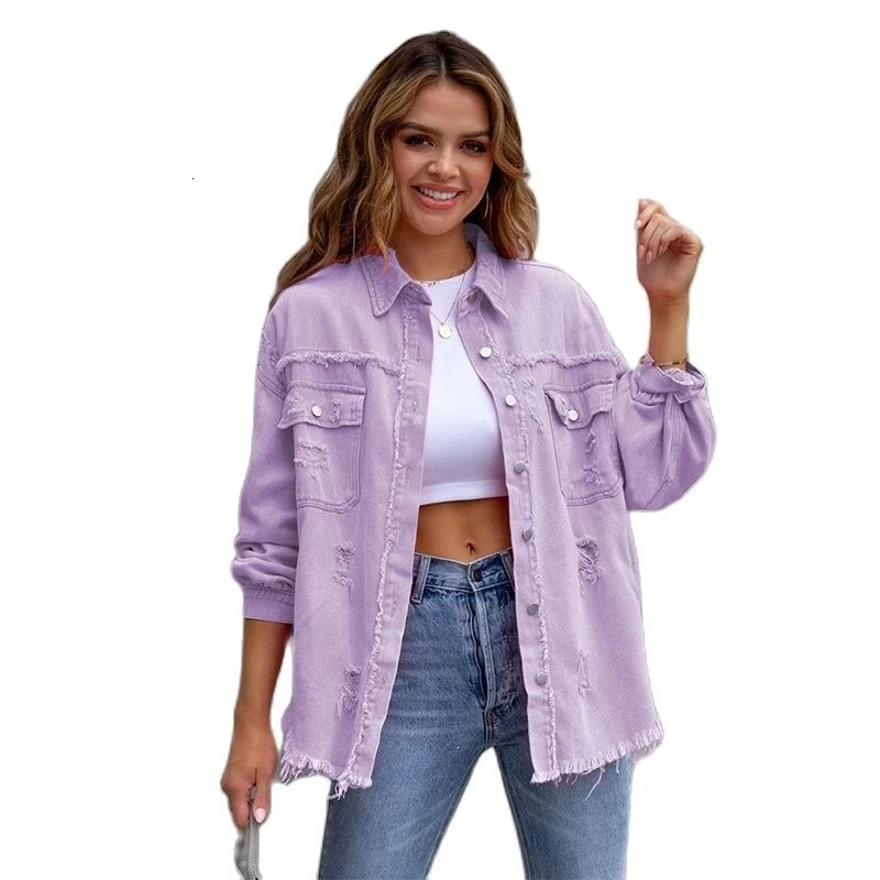 2025 Holes Rawedges Denim Jacket Women Spring Autumn Shirt Style Jeancoat Casual Top RoseRed Orange Purple Outerwear Lady Coat 250709