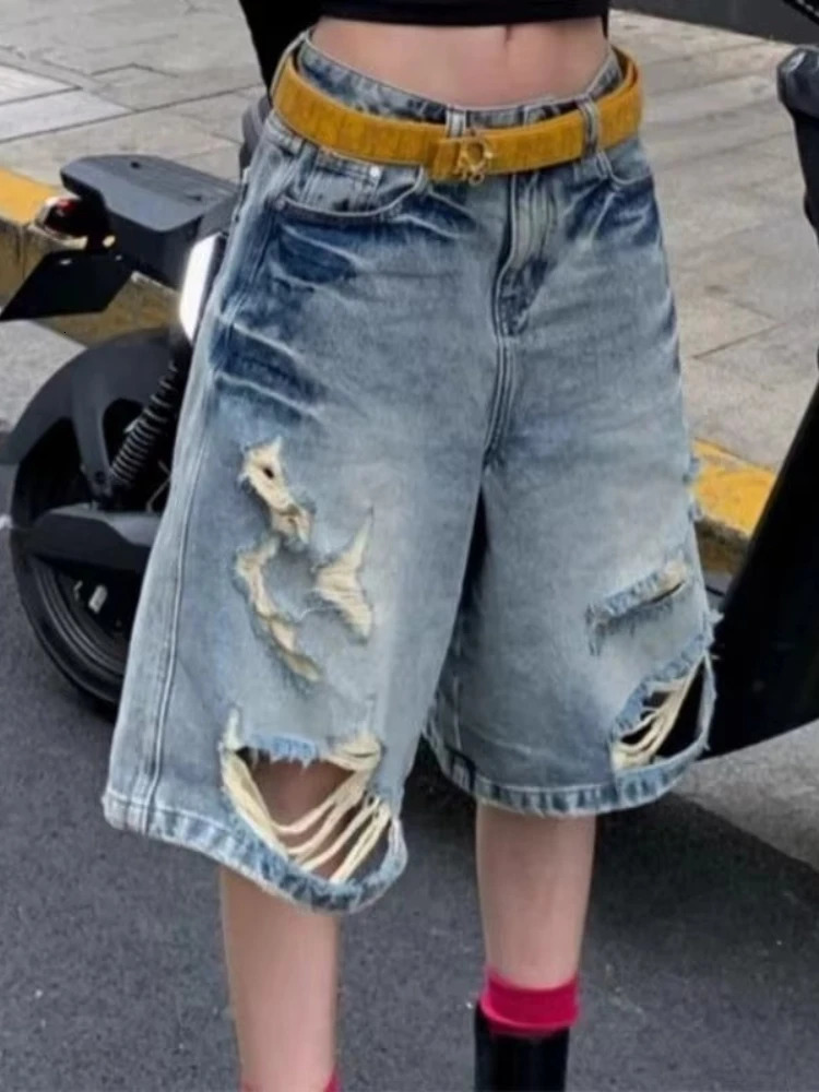 HOUZHOU Vintage Washed High Waist Short Jeans Y2k Harajuku Hole Wide Leg American Style Jorts Baggy Straight Grunge Gyaru Summer 250717