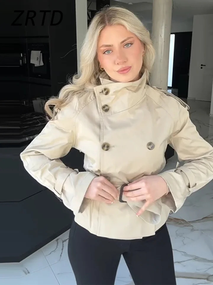 Fashion Womens Short Belt Jackets Turtleneck Double Breasted Full Sleeve Female Trench Coats 2025 Spring Lady Commute Outwear 250716