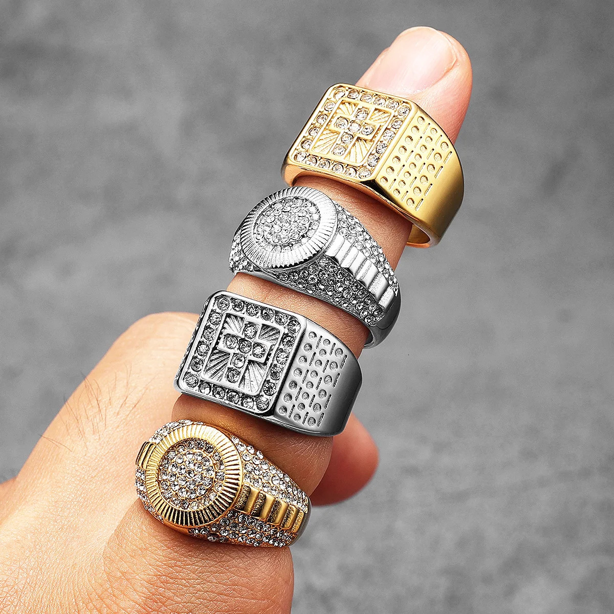 Gemstone Hip Hop Cross Men Rings Stainless Steel Women Couple Jewelry Punk In Rock Fashion Accessories Gift Wholesale 250717