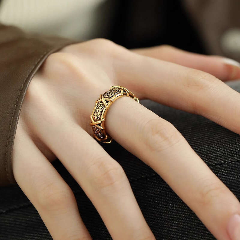 Unique Heavy Craft Antique Gold Color Tang Grass Pattern Cross for Women Fashionable Light Luxury Vintage Versatile High-end Index Finger Ring