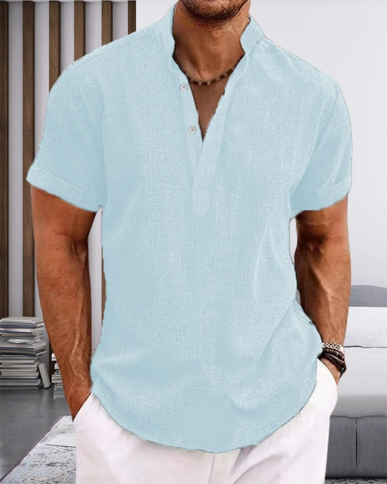 mens tiedyed Henry collar casual beach shortsleeved fashionable solidcolor top Tshirt highquality street shortsleeve 250717