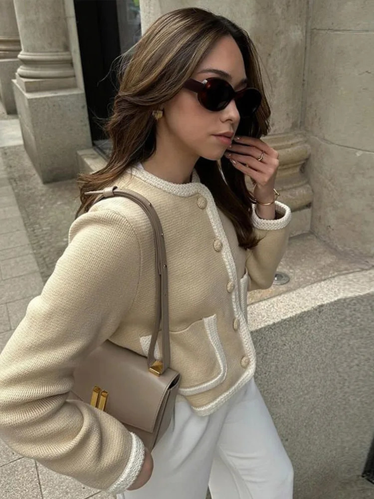 Chic Patchwork Single Breasted Knitting Cardigan Women Elegant O Neck Long Sleeve Pocket Sweater Coat Office Lady Crop Top 250715