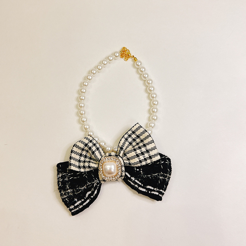Designer Harness French Bow Pet Collar, High-end Cat Pearl Necklace Accessory, Little Dog Neck Collar and Necklace