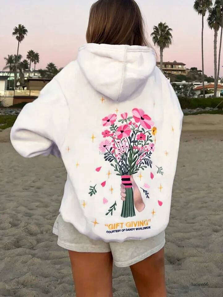 Handheld Flower Back Printed hoodie Womens Autumn And Winter Fashion Versatile White Hooded Hoodie Fleece Sweatshirt 240806
