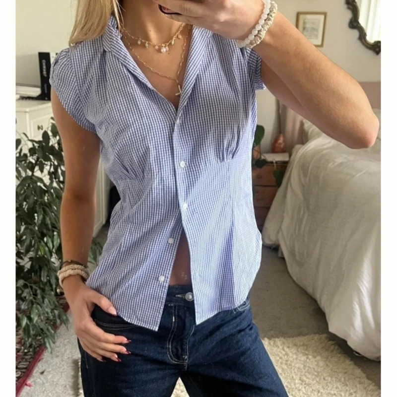Xingqing Fairy Coquette Shirts y2k Clothing Women Plaid Print Single Breasted Short Sleeve Blouses Tops 2000s Clothes Streetwear 250717