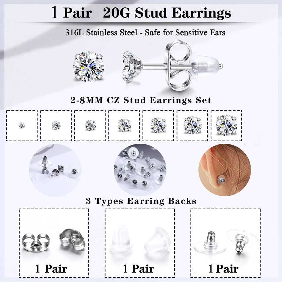 1 Pair 316L Stainless Steel 2-8MM Round/Square Crystal Cubic Zirconia Stud Earrings Set for Women Men Cartilage Helix Ear Jewelry XJ250718