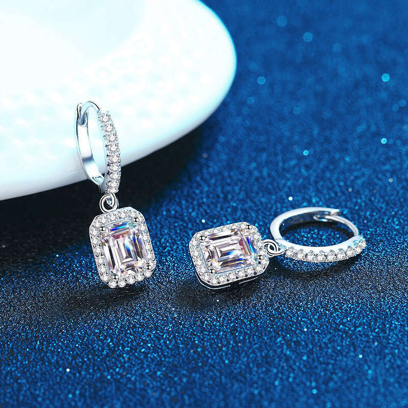 One Carat for Women, Sterling Sier Plated Earrings, Emerald Cut Moissanite Earrings 306