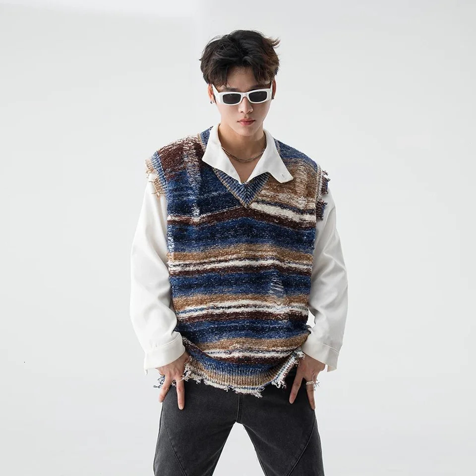 Harajuku Gradient Stripe Sleeveless Vest Y2K Washed Ripped Tie Dye V-Neck Tank Top Baggy Pullover Knitted Sweater 250716
