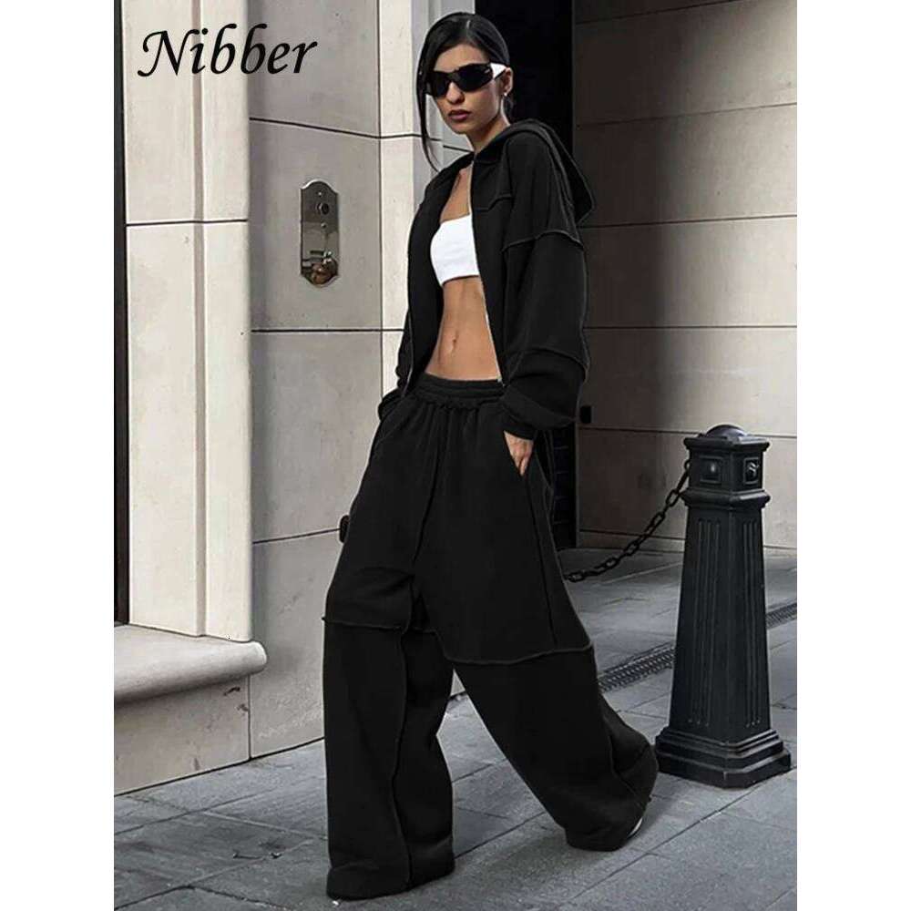 Nibber Casual Tracksuit Women 2 Piece Set Panelled Stripes Sporty Simple Hipster Hooded Zip Jacket+Wide Pants Matching Suits