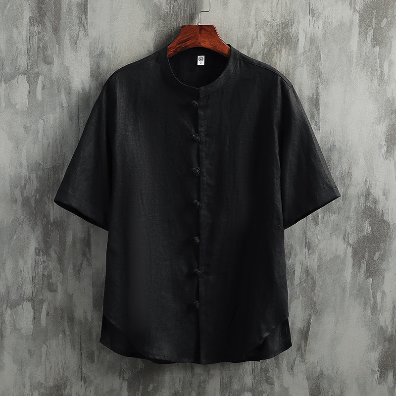 100% Pure Linen Style Mandarin Collar Short Sleeve for Men Summer New Chinese Tang Suit Zhongshan Shirt