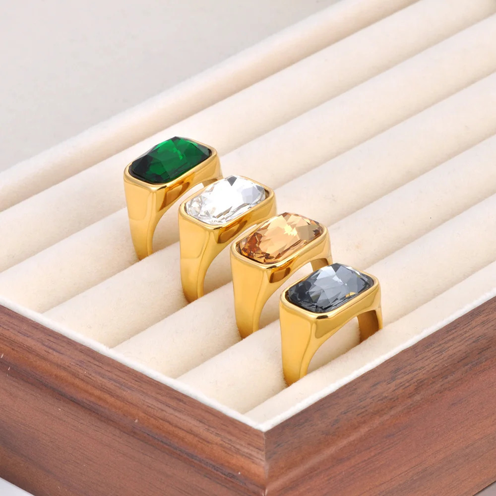 Shiny Cubic Zirconia Stainless Steel Wedding Statement Ring 18K PVD Gold Plated Fashion Waterproof Jewelry R24007 250715