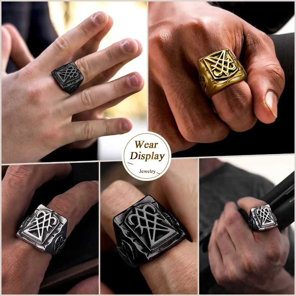 7 Stainless Steel Satan Rings Satanic Symbols Sign Inverted Pentagram Pentacle Leviathan Cross Skull Ring Gothic Punk Jewelry 250717