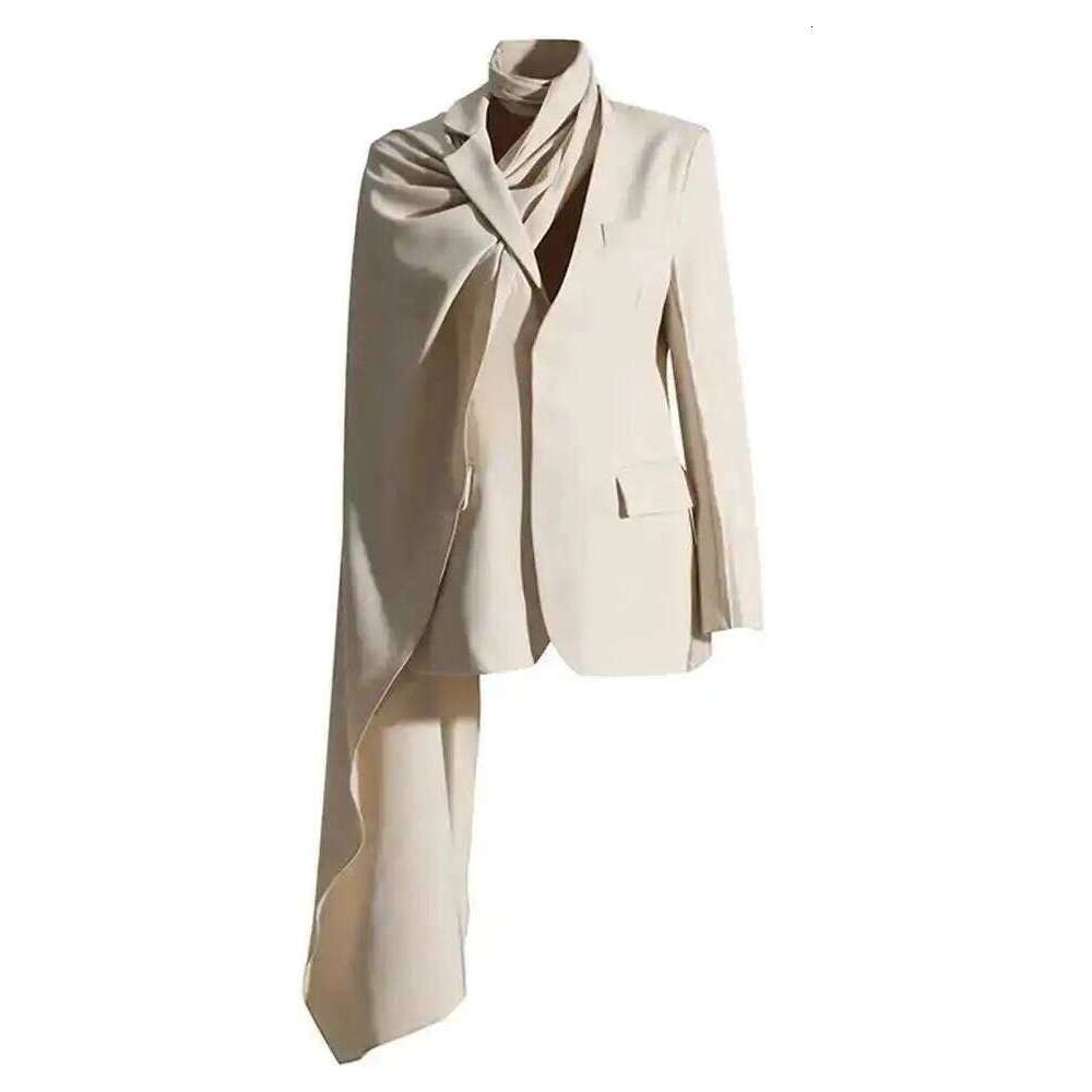 Coffee Irregular Scarf Elegant Blazer Women New Lapel Long Sleeve Loose Fit Jacket Fashion Tide Spring Autumn
