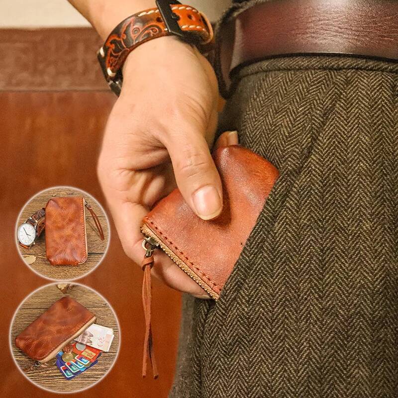 Genuine Leather Men's Vintage Coin Purse Money Bag Zipper Small Pocket for Men Women Short Wallet with Card Holder