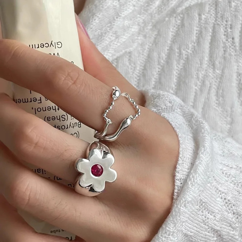 Minimalist Silver Color Flower Open Rings for Women Couples Fashion Metal Double Layer Chain Tassel Geometric Ring Jewelry 250716