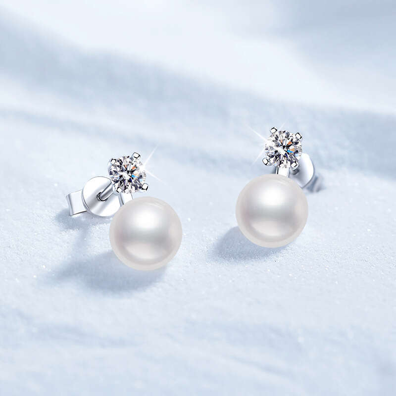 Korean Version Princess Diana Style S Pure Sier for Women Simple Natural Pearl Moissanite Stud Earrings 05b