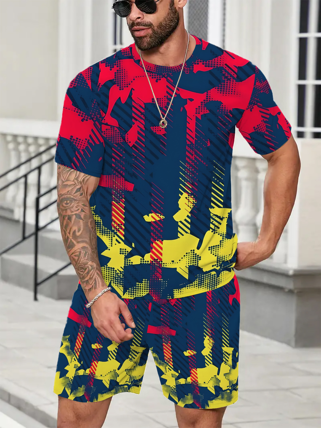 Mens Shorts Sets Summer Sportswear Set 2 piece Short Sleeve Polo Shirt Shorts Outfit print Beachwear