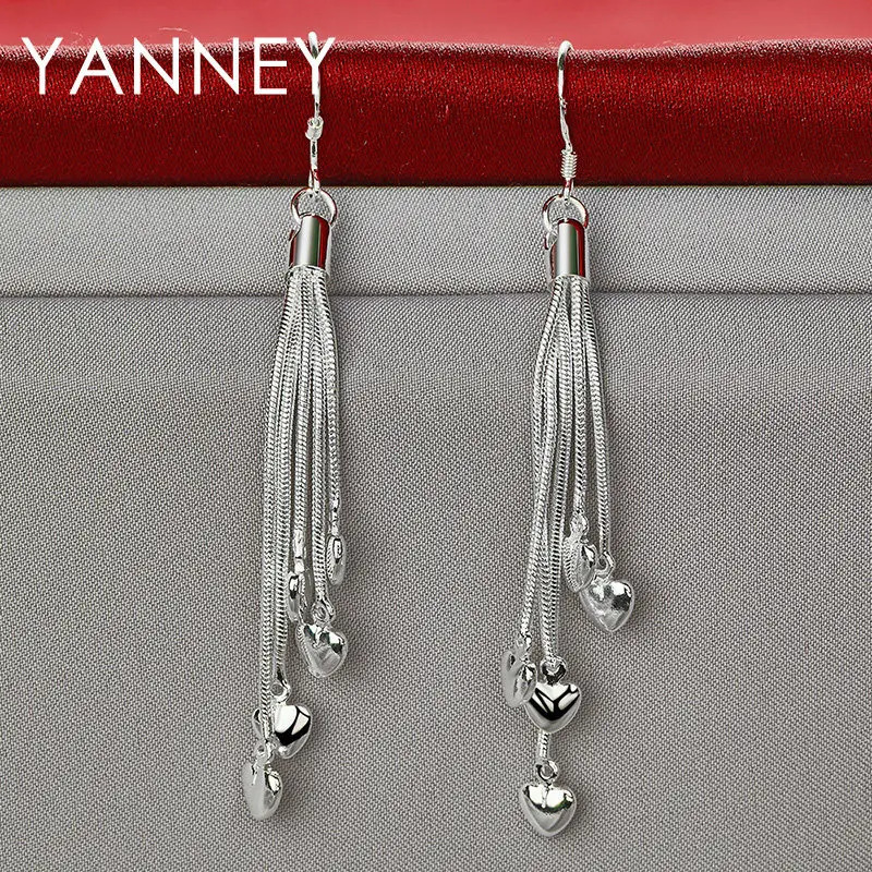 Womens 925 Sterling Silver 70MM Upper Tassel Heart Earrings For Fashion Girlfriend Wedding Jewelry Gifts Accessories 250715