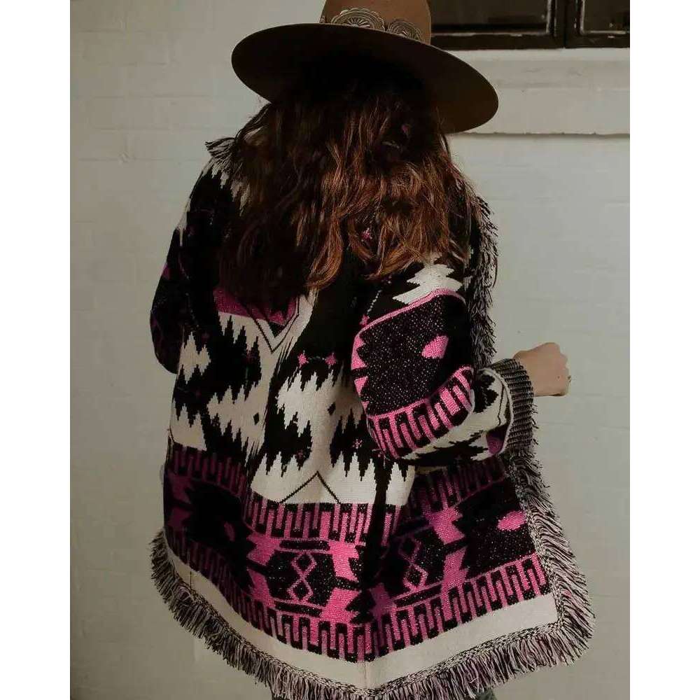 Designer Clothing Boho Inspired Cosmic Pattern Fringed Edge Cardigan Cashmere Warm Sweaters Belt Tied Winter Clothes Women Fashion