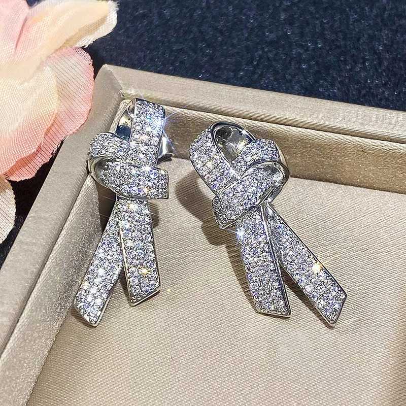 8-Shape Bow Stud Earrings for Women Silver Color Sparkling Crystal Cubic Zirconia Temperament Accessories Female Jewelry XJ250718