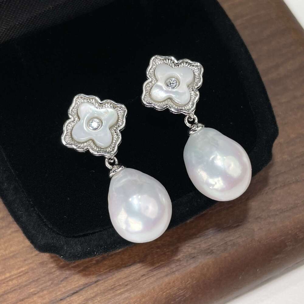 New Natural Freshwater Pearl Light Small Bar Heart Mother-of-Pearl Leaf Earrings High-End Niche S Sier Needle