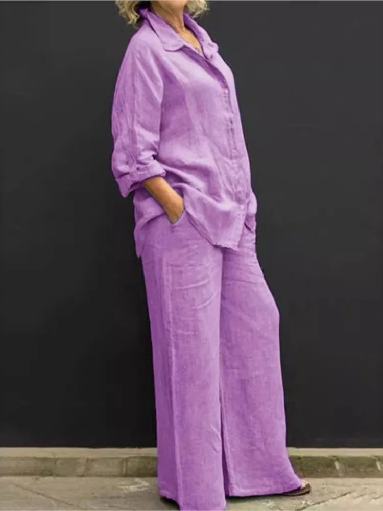 Linen Lapel Two Pieces Set Autumn Vintage Solid Color Long Sleeve Button Shirt Blouse Womens Casual Loose Straight Pants Suits 250714