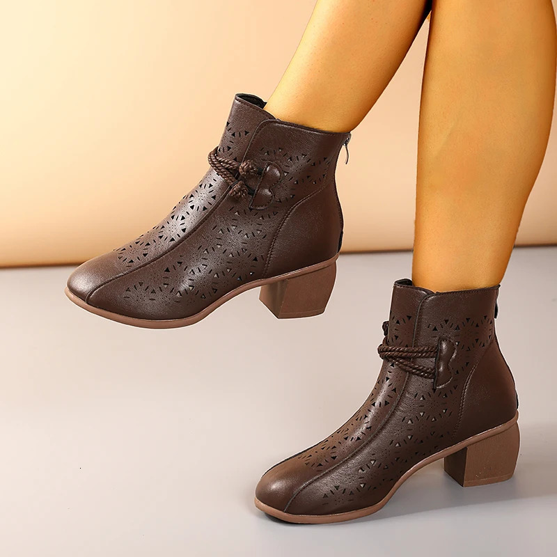 2025 Summer Womens Fashion Hollow-Out Soft Sole Mid-Heel Ankle Boots Retro Breathable Comfortable Shoes 250714