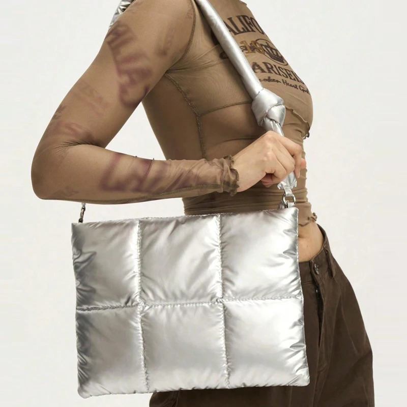Fashion Quilted Padded Women Shoulder Bags Silver Clutch Purse Casual Nylon Down Cotton 11 Inch Ipad Inner Bag 14Inch Laptop Bag 250717