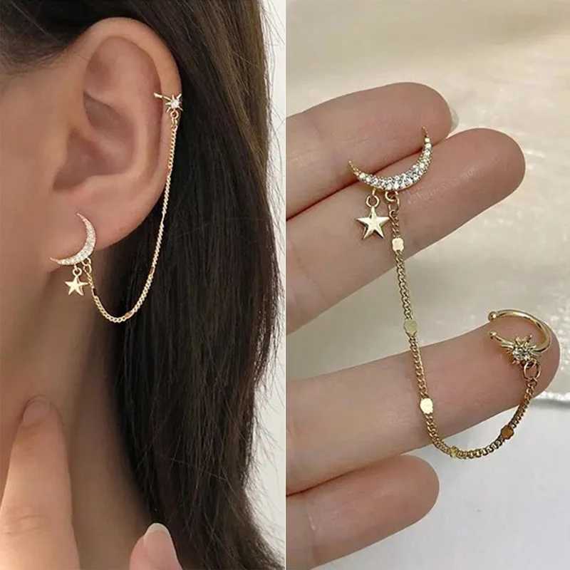 1PC New Fashion Gold Color Moon Star Clip Earrings For Women Simple Butterfly Fake Cartilage Long Tassel Ear Cuff Jewelry Gifts XJ250718