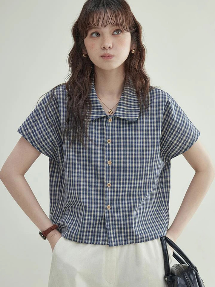 Zoki Women Vintage Plaid Shirt Casual Loose Summer Short Sleeve Blouse American Preppy Style Female Simple Retro Buttons Tops 250717