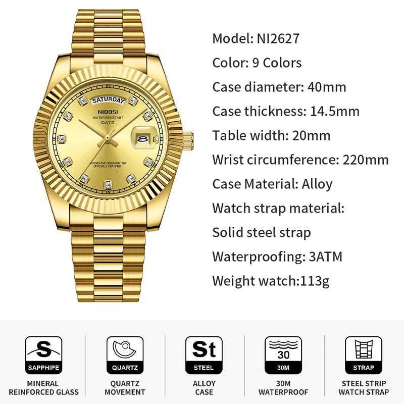 NIBOSI Luxury Gold Quartz Watch Men Stainless Steel Waterproof Luminous Date Week Fashion Diamond Mens Watches Relogio Masculino W250718
